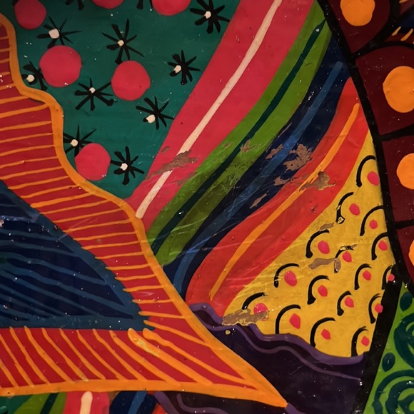 Hand Painted Folk Art Red Clay Footed Bowl - Colorful Tropical Fish. 10 in. Wide - Picture 6 of 7